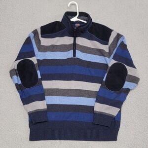 Paul and Shark Sweater Mens Large Striped 1/4 Zip Wool Long Sleeve Elbow Patches